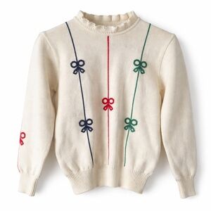 Vintage Polly Flinders Cream Bow Stripe Knit Sweater 70s Girls 12–14, Women XXS